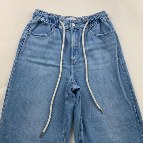 LOFT Light Wash Stretch Denim Wide Leg Drawstring Jeans 2 - Picture 2 of 7